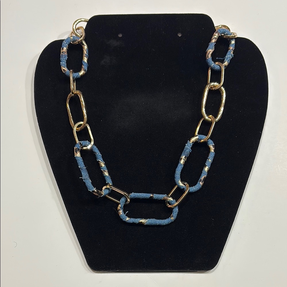 NEW Denim Blue with animal print accents and Gold Chain Link Statement Necklace